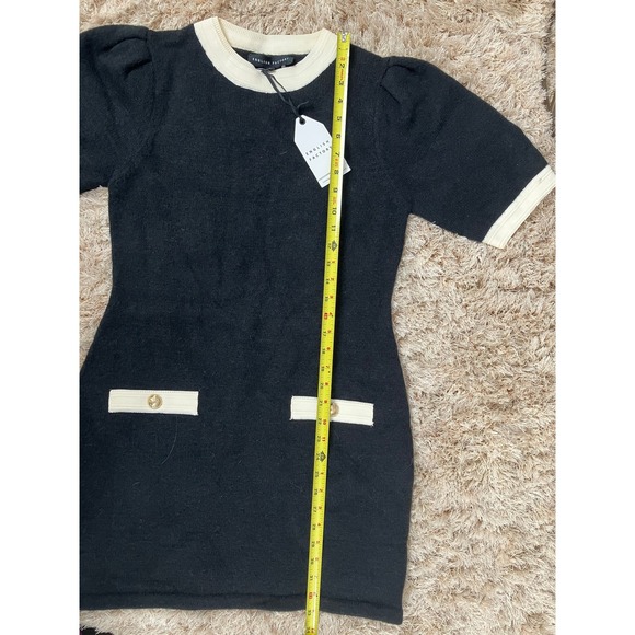 English Factory Black Knit Puff Sleeve Dress Cream Trim Pockets Size M - Picture 9 of 12